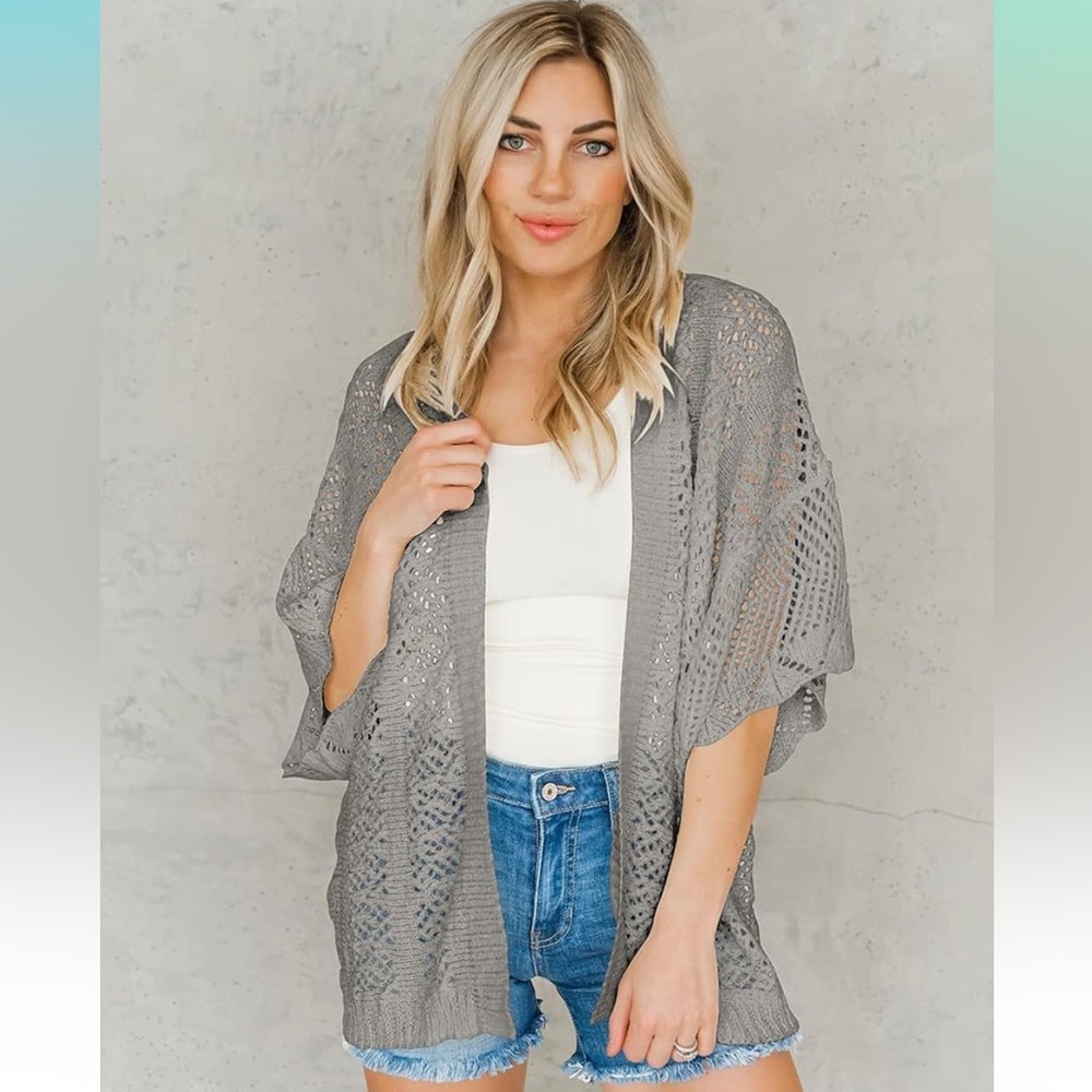 Women's Crochet Open Front Cardigan 3/4 Bell Sleeve Oversized Knitted Sweater